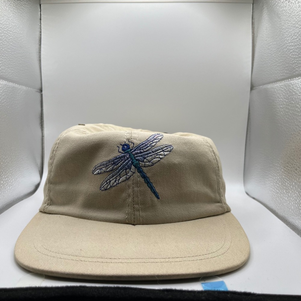 Vintage Dragonfly Embroidered Hat Unisex Tan Khaki Made in USA Strapback 90s Bug